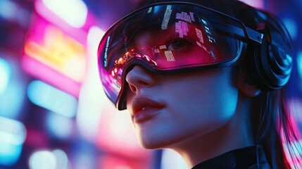 A cyberpunk-style woman wearing futuristic neon-lit visor glasses, surrounded by a glowing cityscape