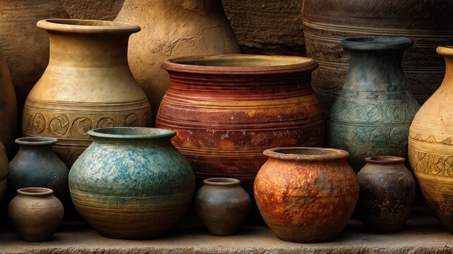 A group of various handmade clay pots and jars in earthy tones on a rustic surface.