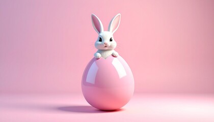 Obraz premium White rabbit perched atop glossy pastel egg split pink and blue, set against solid light blue background—evoking Easter symbolism, renewal, and the choreography of cheerful minimalism.