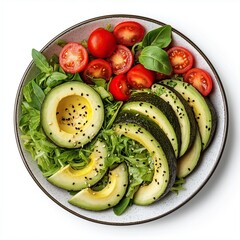 Sliced avocado and cherry tomatoes on a bed of greens with sesame seeds