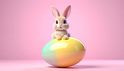 Obraz premium White rabbit perched atop glossy pastel egg split pink and blue, set against solid light blue background—evoking Easter symbolism, renewal, and the choreography of cheerful minimalism.