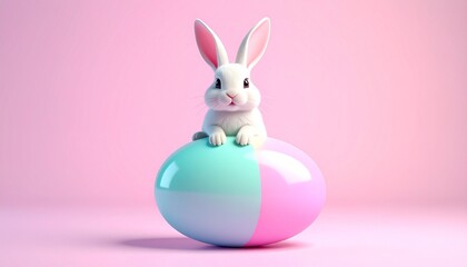 Fototapeta premium White rabbit perched atop glossy pastel egg split pink and blue, set against solid light blue background—evoking Easter symbolism, renewal, and the choreography of cheerful minimalism.