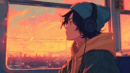 Soft anime-style illustration of a young man wearing headphones and beanie, gazing through a window at a sunset city.