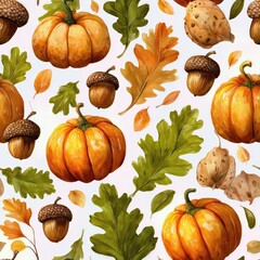 Seamless watercolor autumn pattern with pumpkins, acorns and oak leaves on a light background, cozy seasonal illustration.