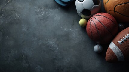 Various sports balls arranged on a dark textured background with empty copy space, suitable for fitness, competition, and branding concepts.