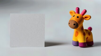 Cute toy giraffe on bright studio background with blank paper card for message or branding.