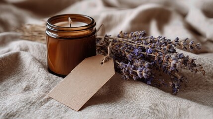 Minimalist flat lay with amber glass candle, lavender flowers and blank tag on soft linen fabric.