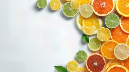 Top view of assorted citrus slices arranged around copy space on white background.