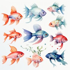 A group of ten watercolor fish in diverse colors and patterns with playful fins and plants around them