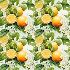 Realistic watercolor oranges with leaves and blossoms in a seamless botanical pattern on a light background