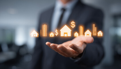 手のひらの上に浮かぶ住宅とビルのアイコンを持つビジネスマン｜不動産投資・資産運用のイメージ