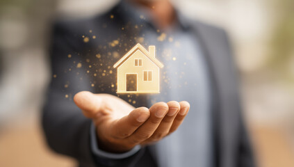 手のひらの上に浮かぶ住宅とビルのアイコンを持つビジネスマン｜不動産投資・資産運用のイメージ