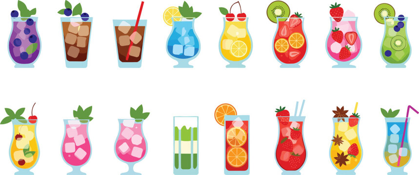 Colorful fresh fruit cocktail collection vector set with summer drinks smoothies and lemonade illustrations