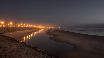 Illuminated City Coastline Reflecting on Wet Sand at Night with Calm Ocean Water and Dark Sky