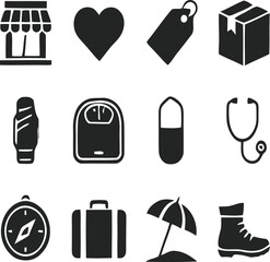 Set of 10 black icons vector, health, travel, shopping