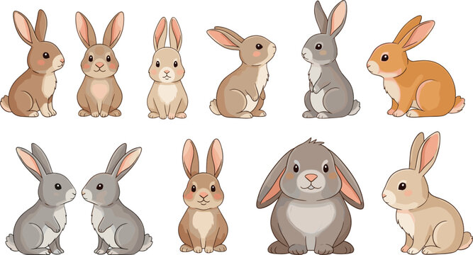 Cute rabbit and bunny collection vector set with different poses and cartoon animal illustrations