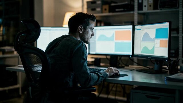 Manager analyzing sales dashboard on multiple monitors in a dimly lit backoffice with blurred background details emphasizing focused work.