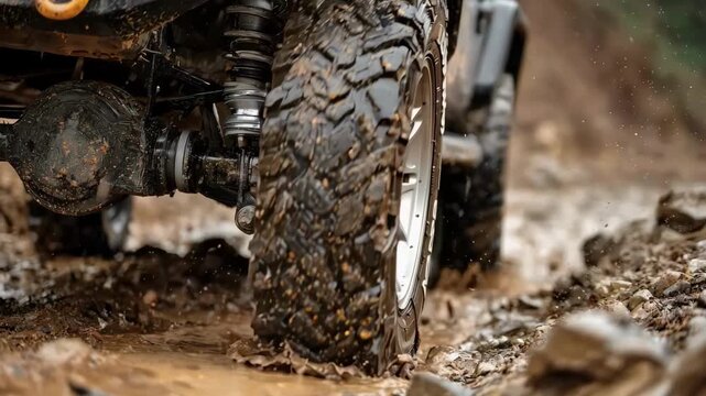 Closeup of offroad vehicle shock absorber examination focusing on mud splatter and suspension flexibility in rugged terrain.