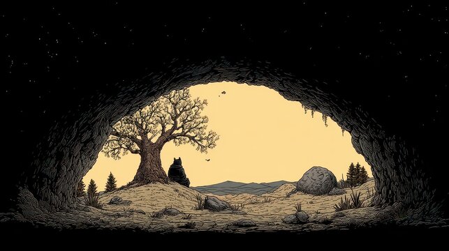 Rural Landscape View from Inside a Cave With Silhouette of Bare Tree and Stars on a Dark Night Sky in Minimalist Pixel Art Style