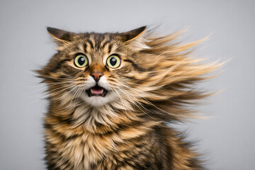 Surprised Long Haired Tabby Cat with Wind Blown Fur and Shocked Expression Isolated on Gray Background
