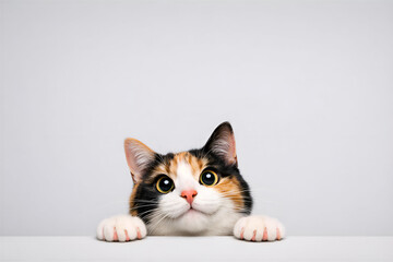 Curious Calico Cat Peeking Over Edge with Paws Up Isolated on Gray Studio Background