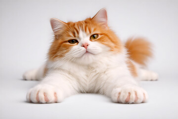 Fluffy Orange and White Cat Lying Calmly with Soft Fur Isolated on Gray Background