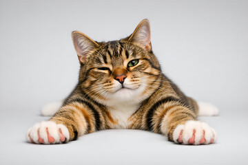 Confident Tabby Cat Lying Down and Winking with Sassy Expression on Gray Background
