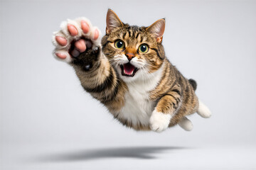 Excited Tabby Cat Jumping Forward with Raised Paw and Open Mouth Isolated on Gray Background