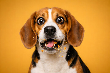 Guilty and Shocked Beagle Dog with Crumbs Around Mouth on Yellow Studio Background