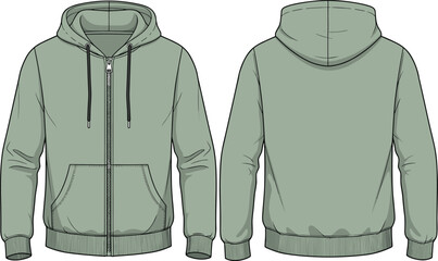 Blank Zip Up Hoodie Vector Template Technical Fashion Illustration of a Men’s Hooded Sweatshirt with Kangaroo Pockets and Ribbed Trims © MDANWORUL