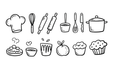 Kitchen utensils and food icons in simple vector illustration style