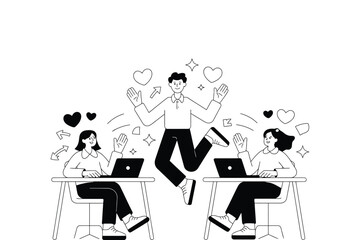 A man jumps for joy between two women working on laptops with hearts and stars around them.