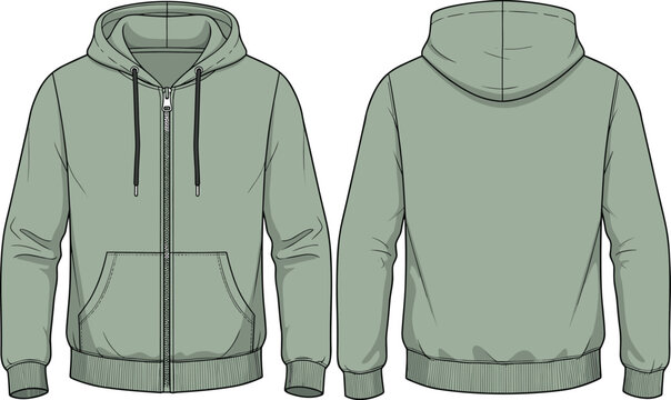 Blank Zip Up Hoodie Vector Template Technical Fashion Illustration of a Men&rsquo;s Hooded Sweatshirt with Kangaroo Pockets and Ribbed Trims