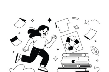 Girl running towards recycling symbol on stack of books illustration