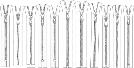 Set of Metal and Plastic Zipper Vector Illustrations with Various Pullers and Sliders for Technical Fashion Design and Apparel Mockups © MDANWORUL