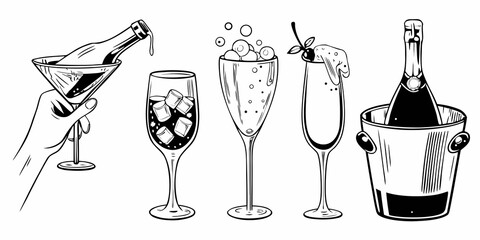 Black and white illustration depicting champagne being poured into various glasses and a bucket © Sunil123
