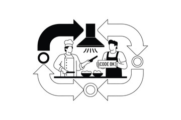 Programmer and chef working together in a kitchen vector illustration