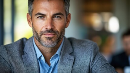 Obraz premium intelligence leader meeting emotional business concept. Confident middle-aged man with beard wearing a blazer in a professional setting