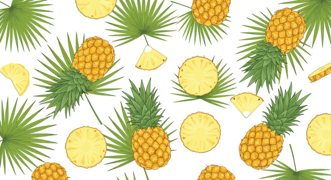 Pineapple seamless pattern vector with tropical fruit slices and green palm leaves illustration