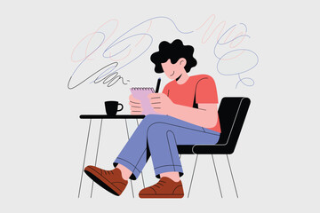 Woman sitting on chair writing in notebook with coffee cup