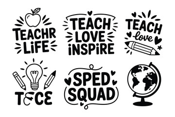 Teacher icons set with motivational phrases and school objects