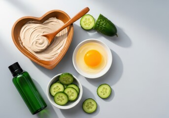 Natural skincare ingredients including clay face mask, cucumber, and egg on a clean surface for healthy skin routine