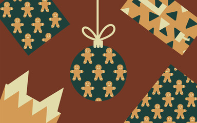 Gingerbread ornament hanging on a brown background with festive patterns