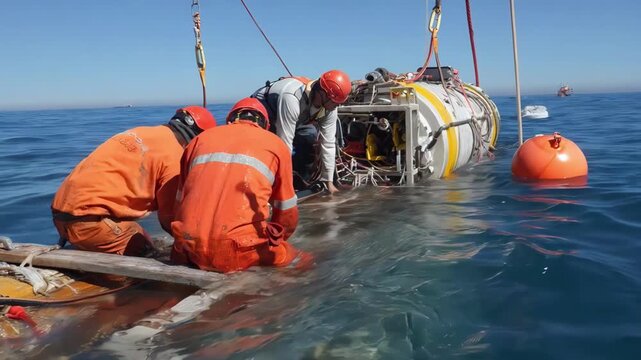 Specialist handling underwater fiber optic cable placement using submersible equipment for international data transmission networks