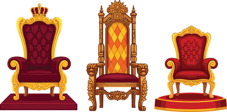 Royal throne chair collection vector set with golden ornate king and queen seats illustration