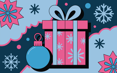 Gift box vector illustration with snowflakes and Christmas ornament