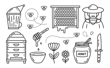 Bee vector illustration with honey and beekeeper equipment
