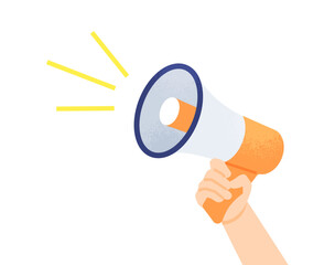 キャンペーンやセールの告知。メガホンを持つ人の手と強調線のベクターイラスト素材。