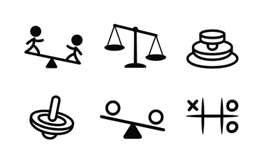 Toys vector icons including seesaw, scales, and spinning top