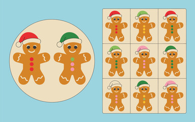 Gingerbread men icons with colorful Santa hats illustration